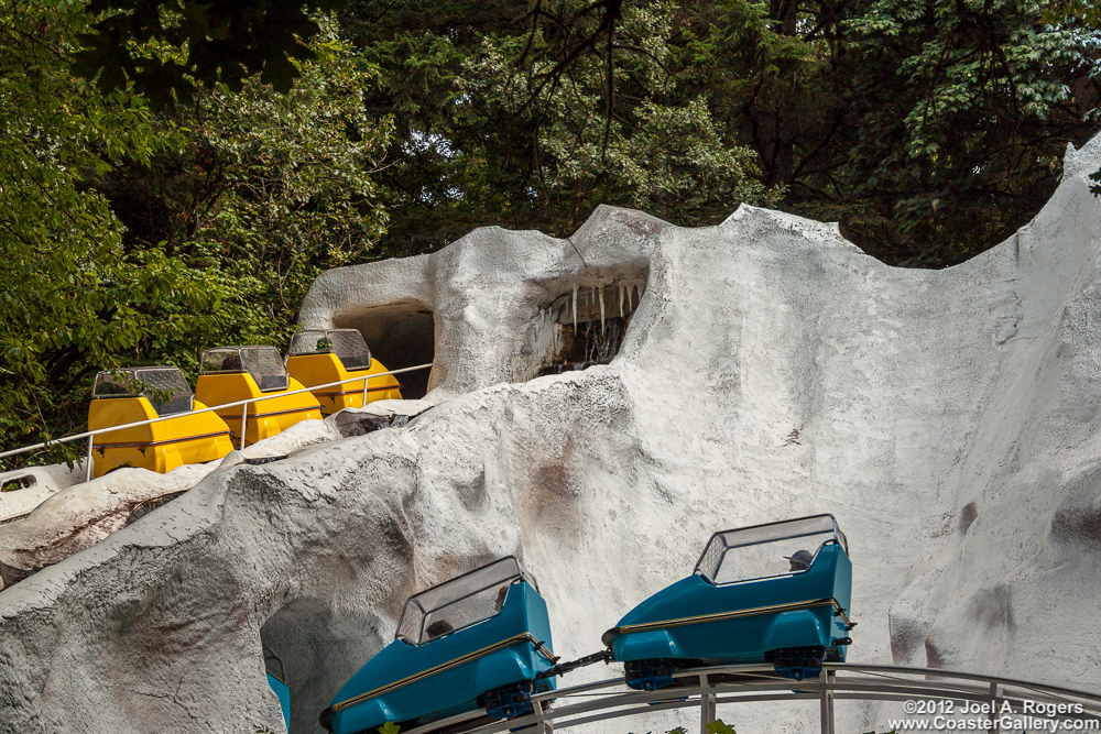 Waterfall going down the Ice Mountain Bobsled roller coaster