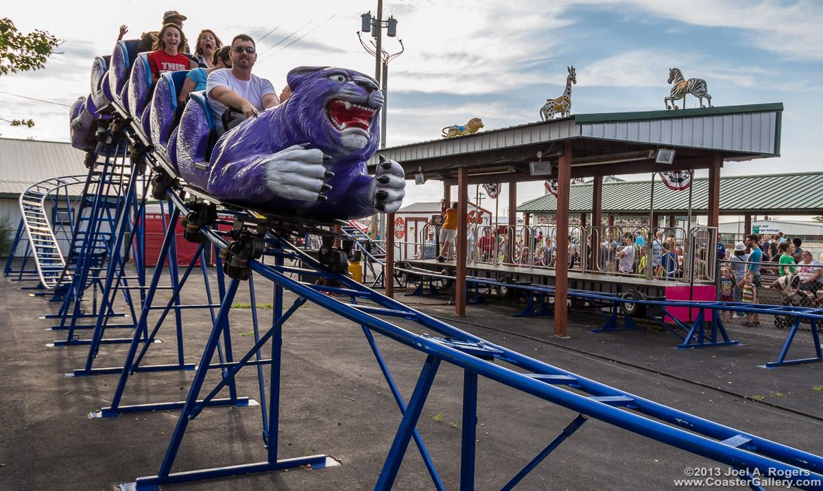 Orange tiger is now a purple tiger on the Tiger Terrow roller coaster in Joplin, MO.
