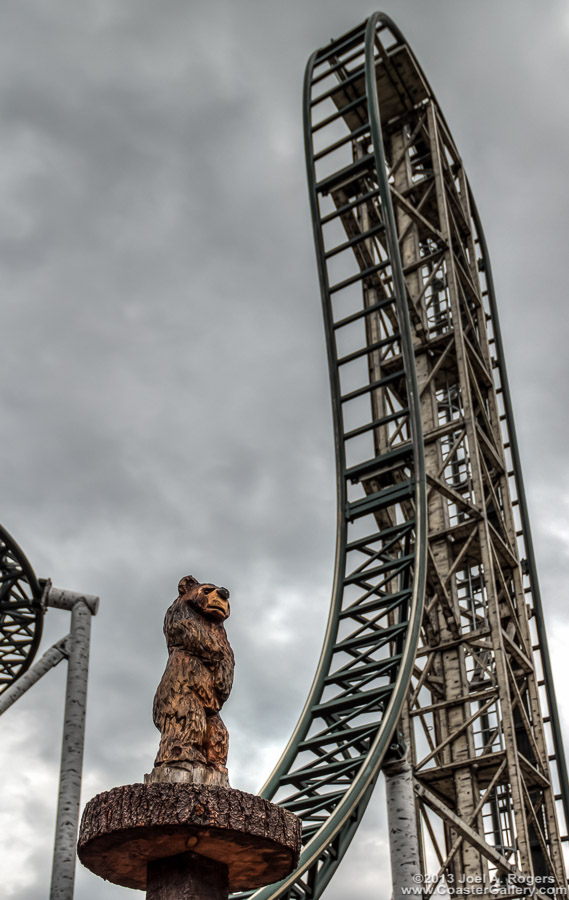 Hand-carved bear and Untamed at Canobie Lake Park