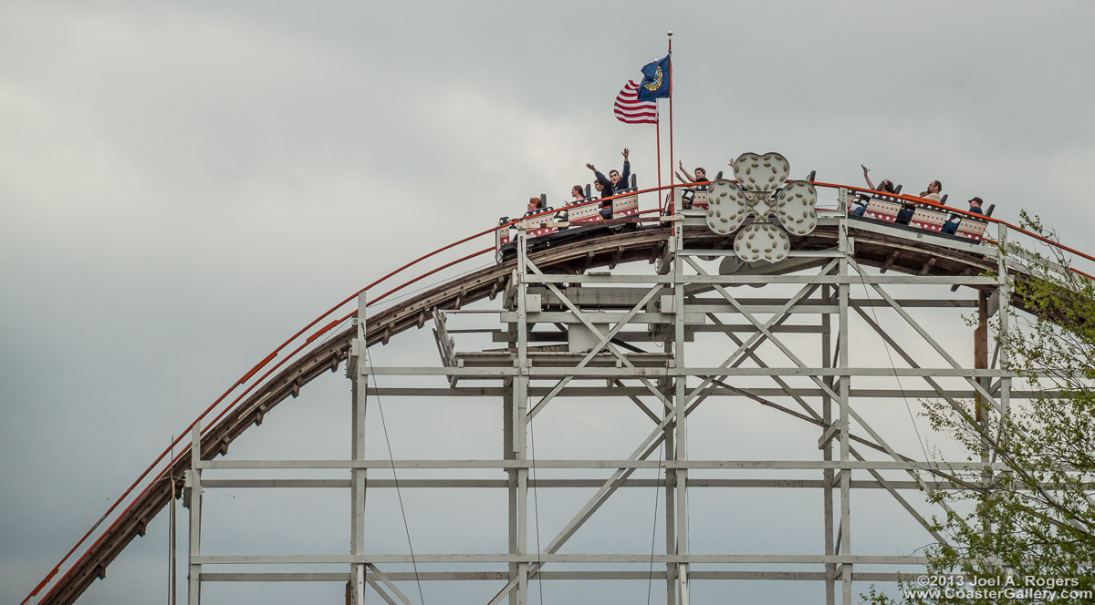 First drop on a wooden roller coaster. This is the lift hill on the Yankee Cannonball.