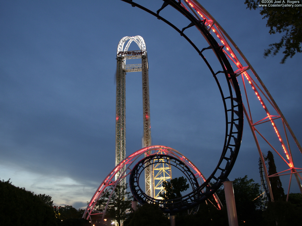 Cedar Point at night -- Power Tower, Corkscrew, and Top Thrill Dragster