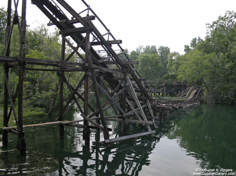 Cedar Point's mine train roller coaster over the lagoon.
