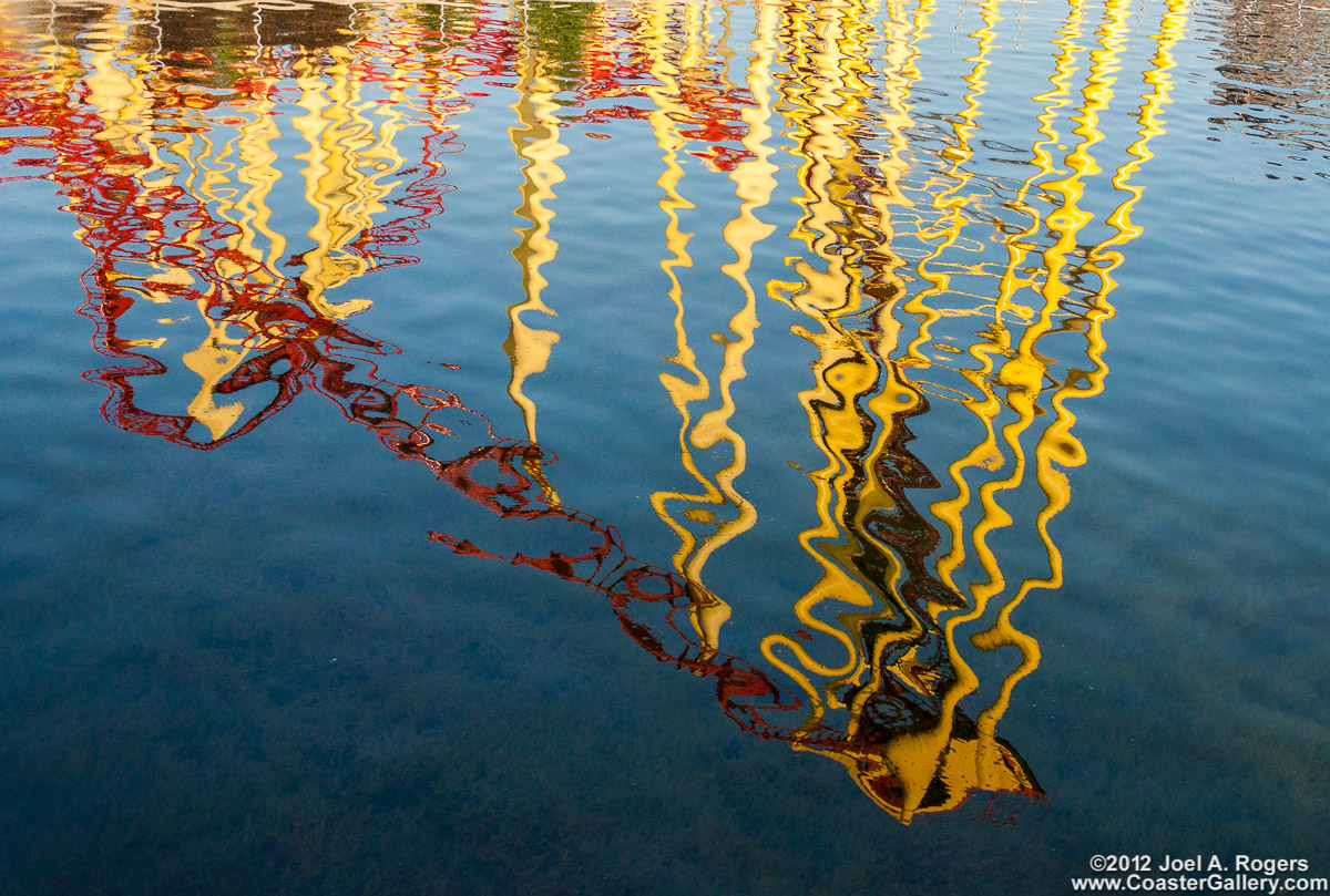Reflections of a roller coaster in the water
