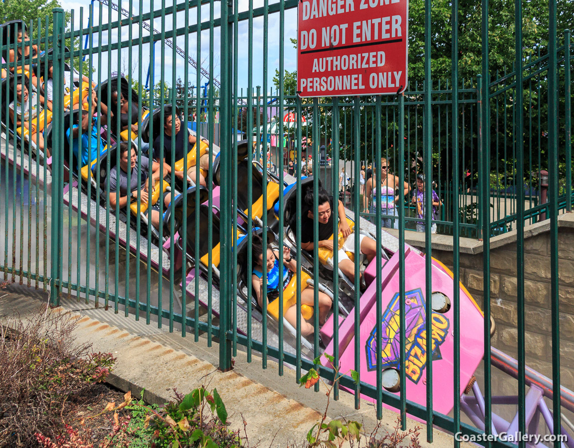 Superman/Bizarro coaster going into a tunnel