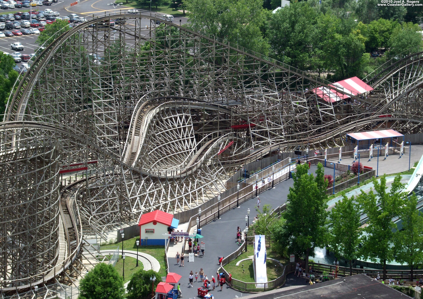 Looking down on a wood coaster.