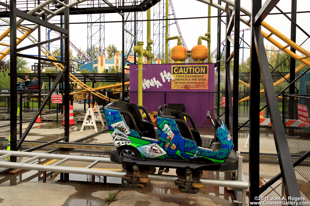 Joker car on Six Flags' Gotham City Gauntlet roller coaster
