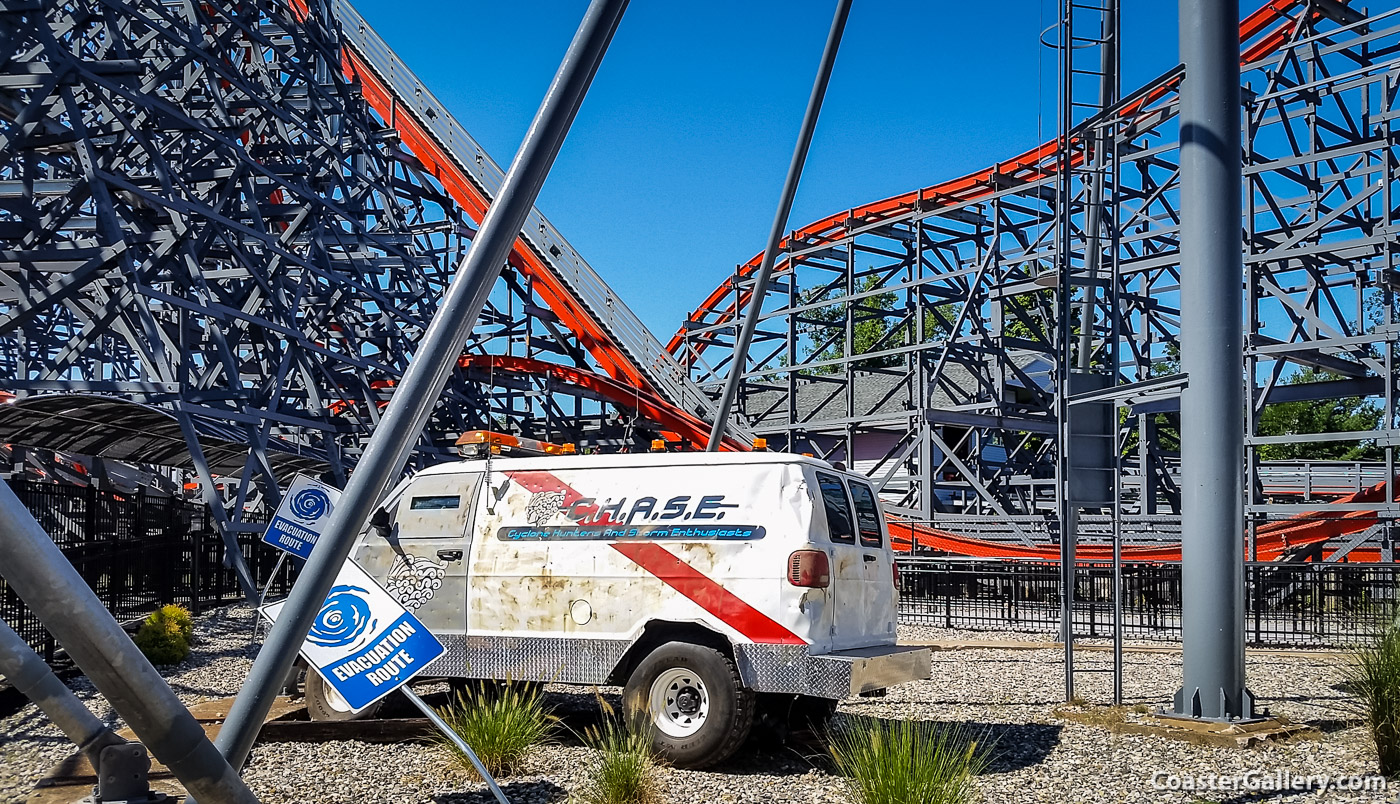 Wicked Cyclone roller coaster and Storm Chasing Van at Six Flags New England