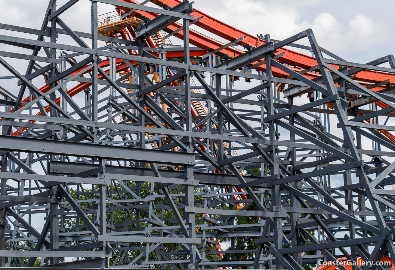 Train going through an inversion on the Wicked Cyclone roller coaster at Six Flags New England