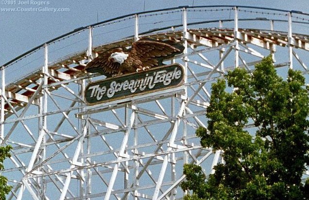 Screamin' Eagle sign. Trains built by Philadelphia Toboggan Company.