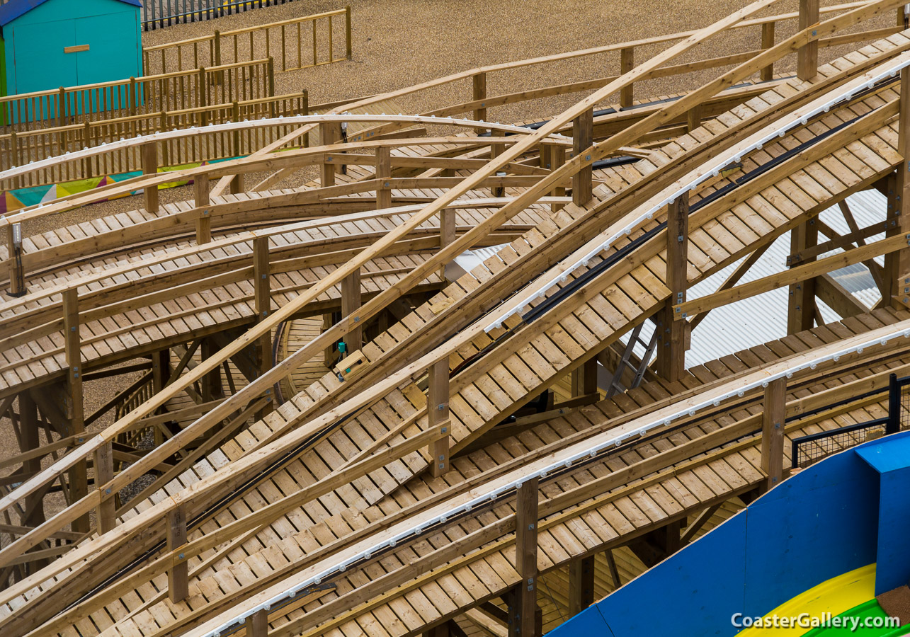 Photos of a braided steel cable used on a roller coaster lift at an amusement park.