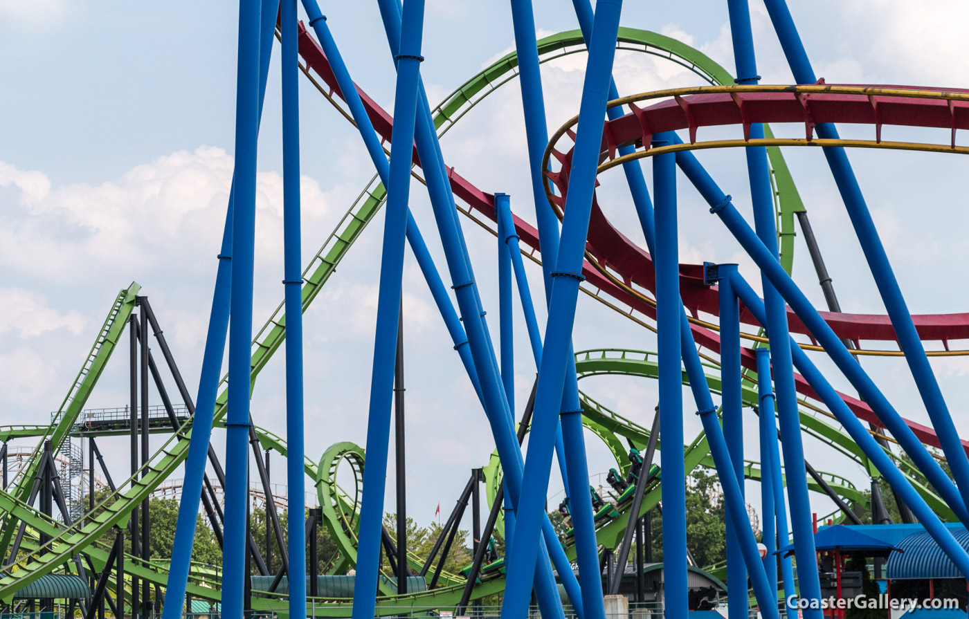Four of the five loops on the Green Lantern stand-up roller coaster at Six Flags Great Adventure in New Jersey