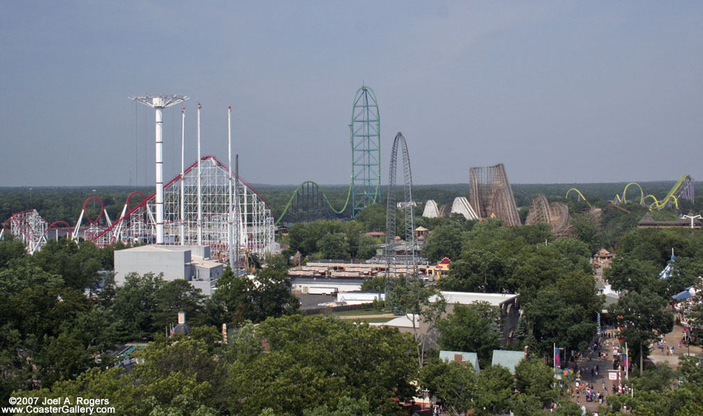 Aerial view of Six Flags Great Adventure's roller coasters