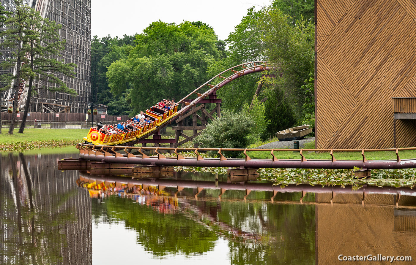 Runaway Mine Train reflected in the water