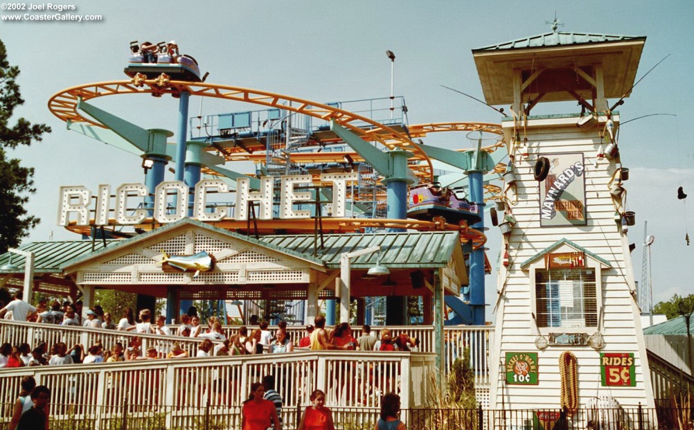 Ricochet coaster coaster in the Carolina Boardwalk themed area of Carowinds