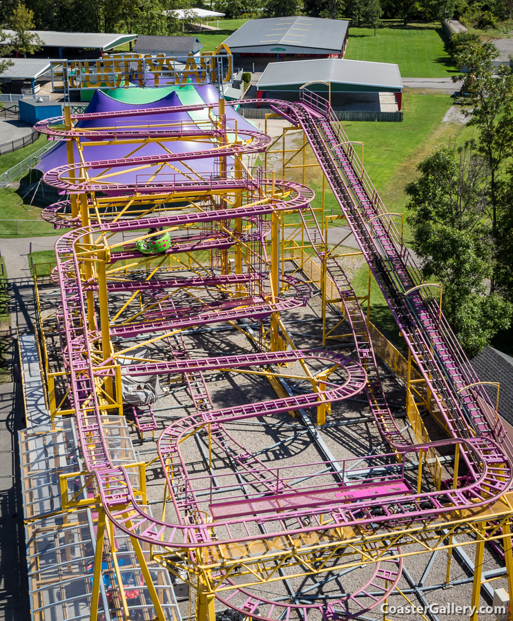 Aerial view of the Crazy Mouse roller coaster at Martin's Fantasy Island