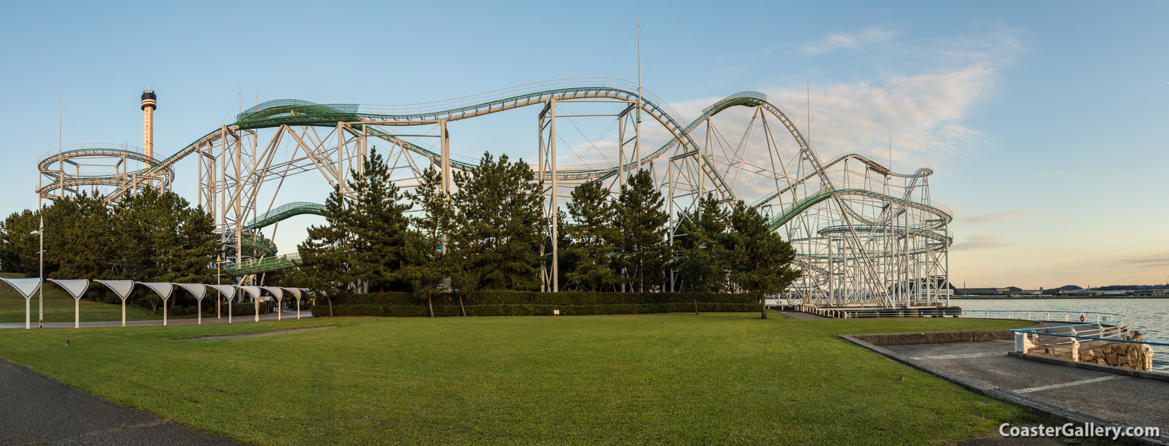 Panorama picture of the Surf Coaster Leviathan roller coaster in Sea Paradise in Tokyo, Japan
