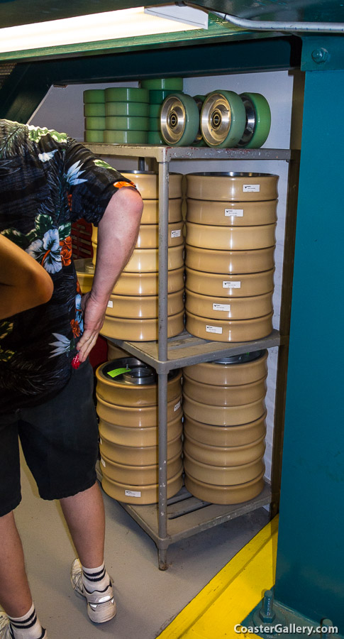 Polyurethane wheels used on the Alpengeist inverted coaster. Pictures taken on a behind-the-scenes tour of Busch Gardens.