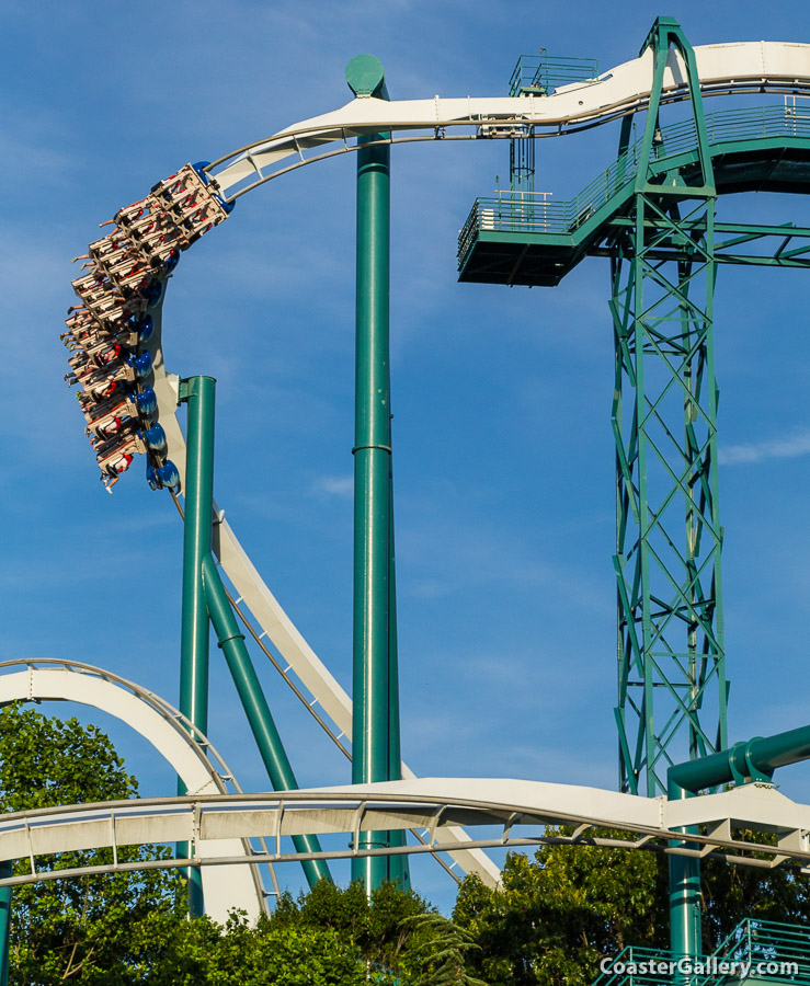 First Drop on the Alpengeist inverted roller coaster in Williamsburg, Virginia