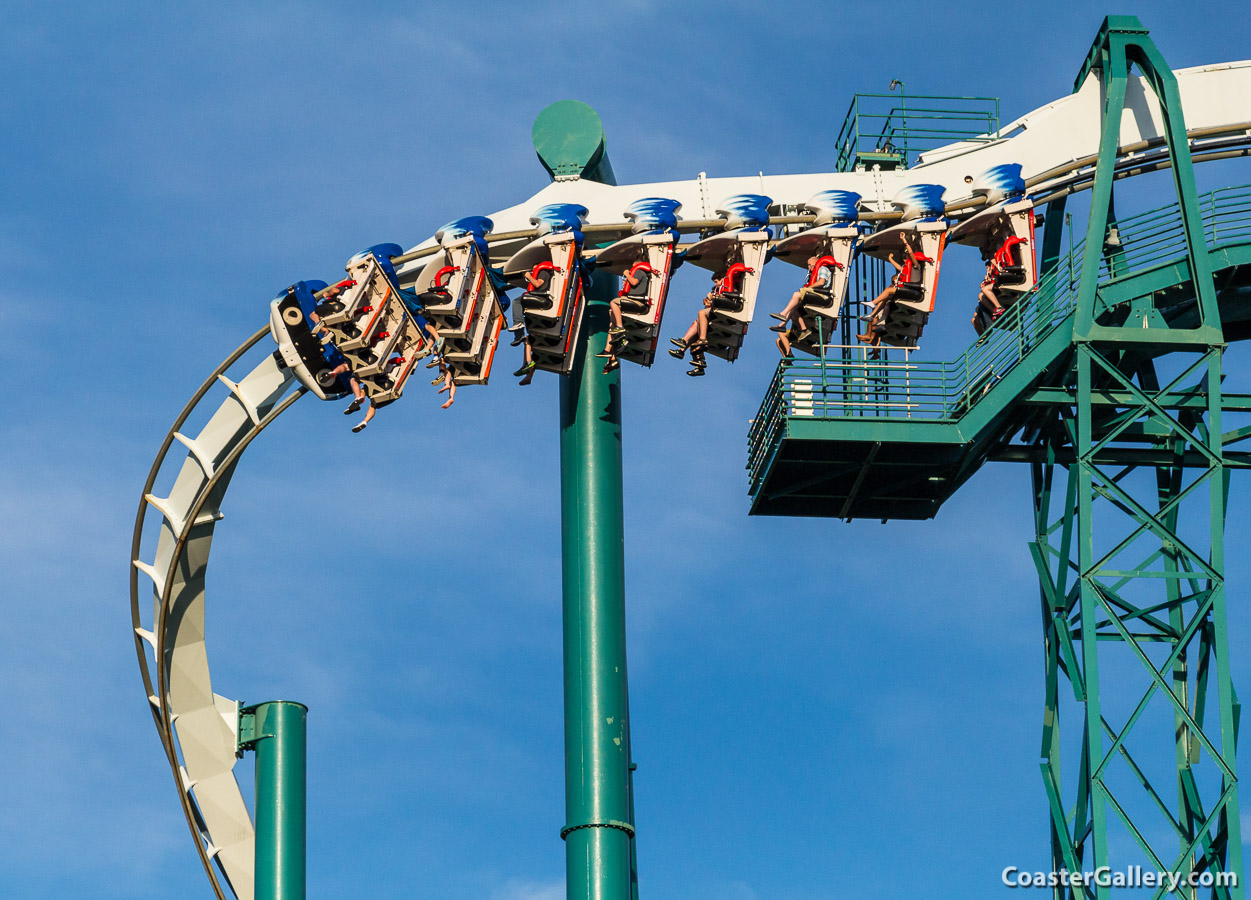 Over-the-shoulder safety harnesses on an inverted coaster