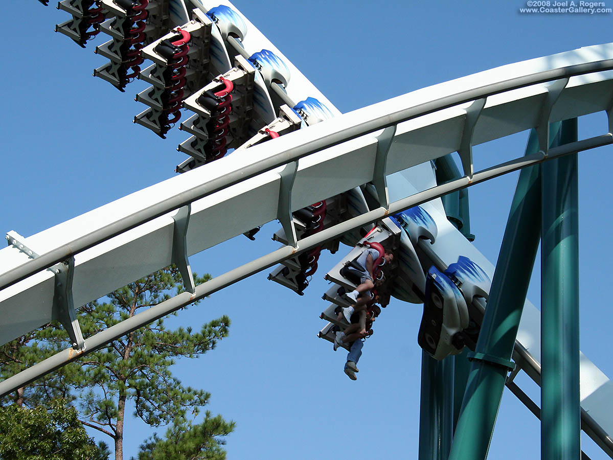 Inverted roller coaster train close-up