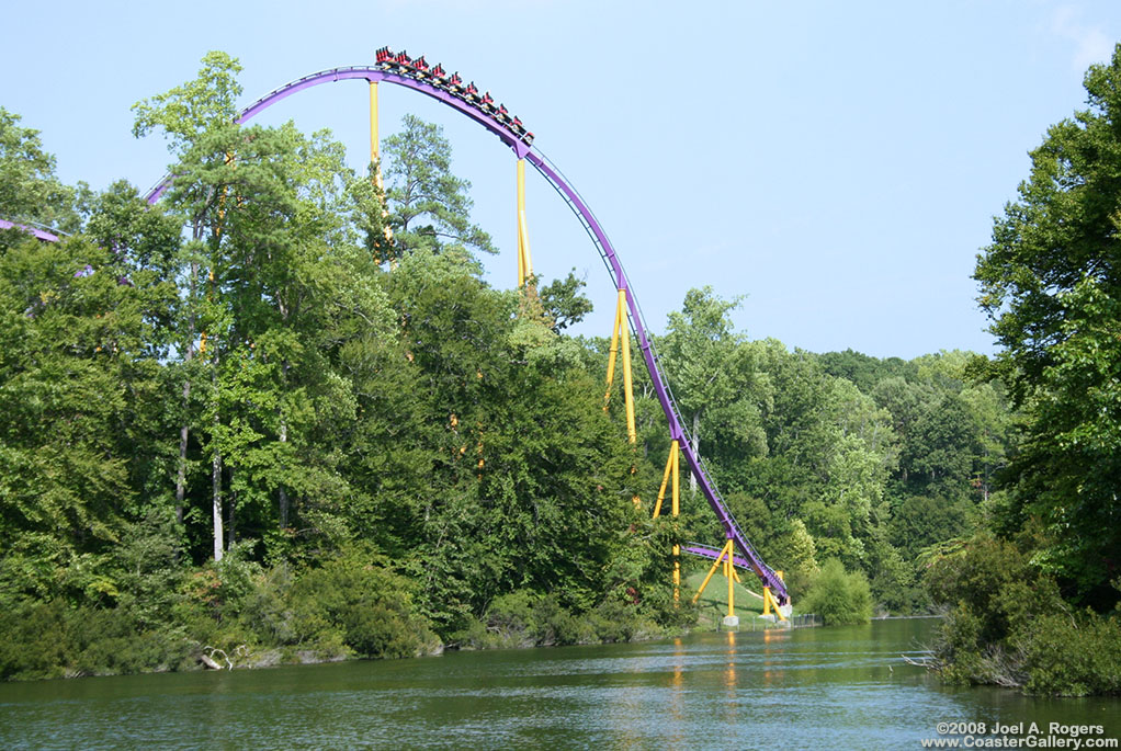 Roller coaster, woods, and water