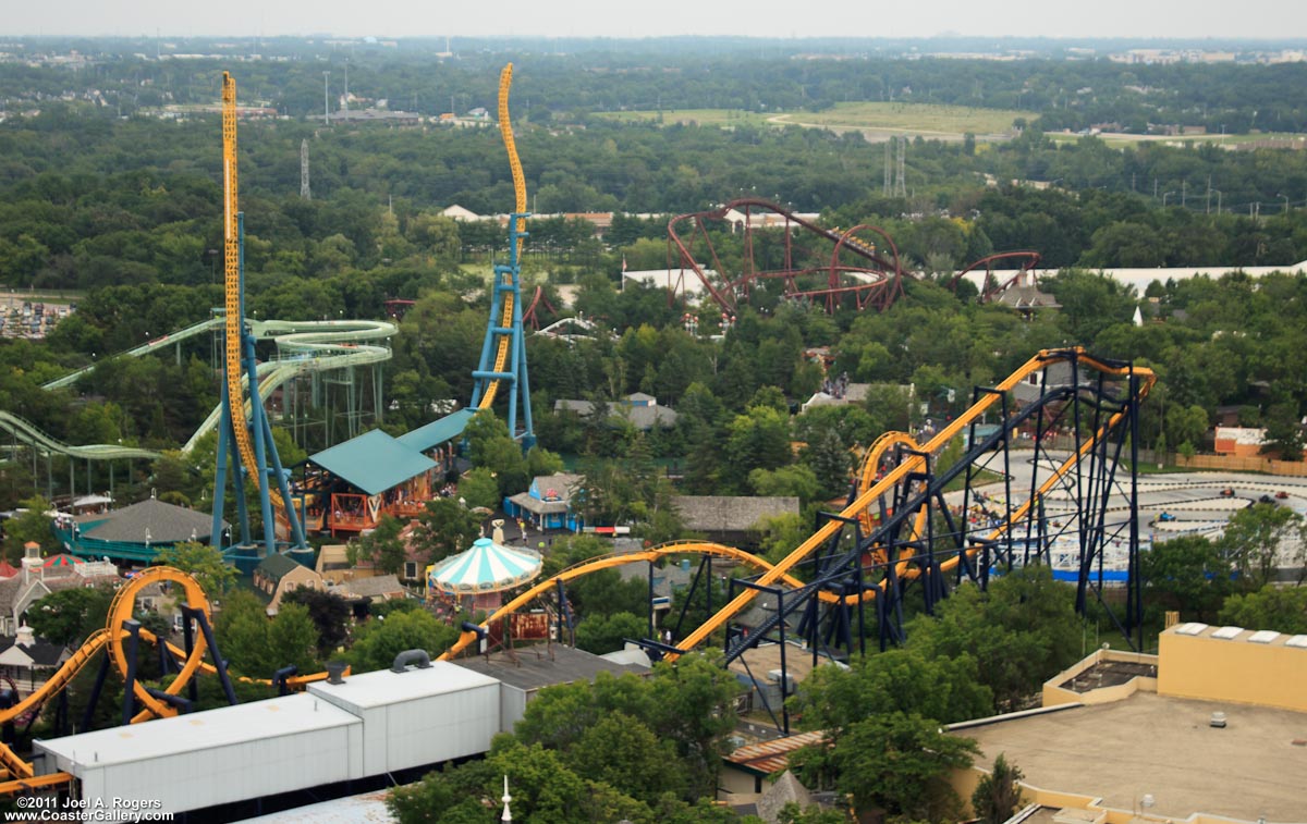 Aerial view of the Batman The Ride roller coaster