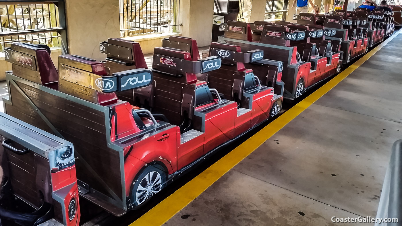 Blatant advertising for a Kia Soul on a roller coaster train