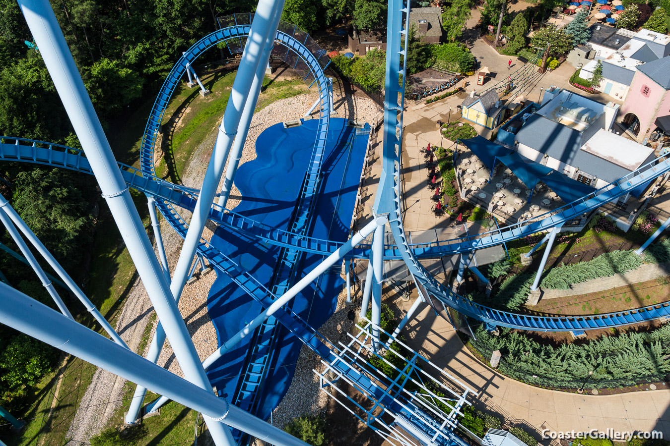 The pool of water that the Griffon coaster trains splash into at the end of the ride.