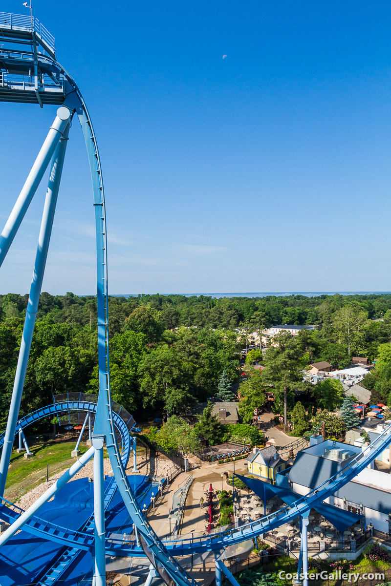 Panoramic picture of the first drop on the Griffon roller coaster