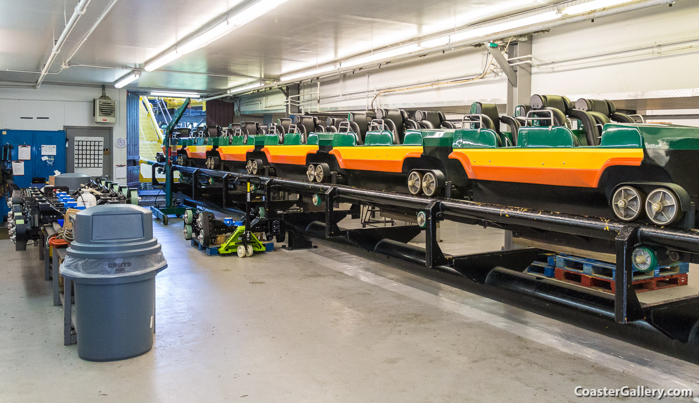 Behind the scenes tour of a roller coaster maintenance area and loading platform