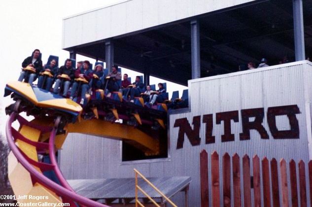Nitro roller coaster leaving the station. Built by B&M. Six Flags Great Adventure