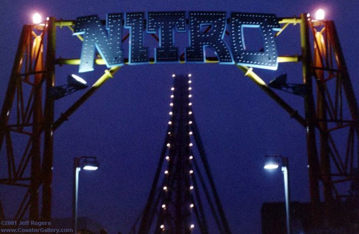 Nitro roller coaster at night