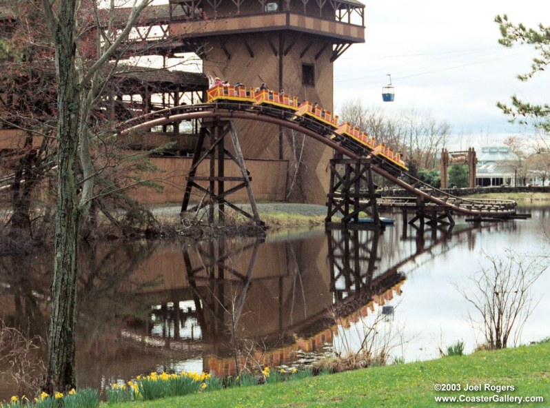Runaway Mine Train reflected in the water