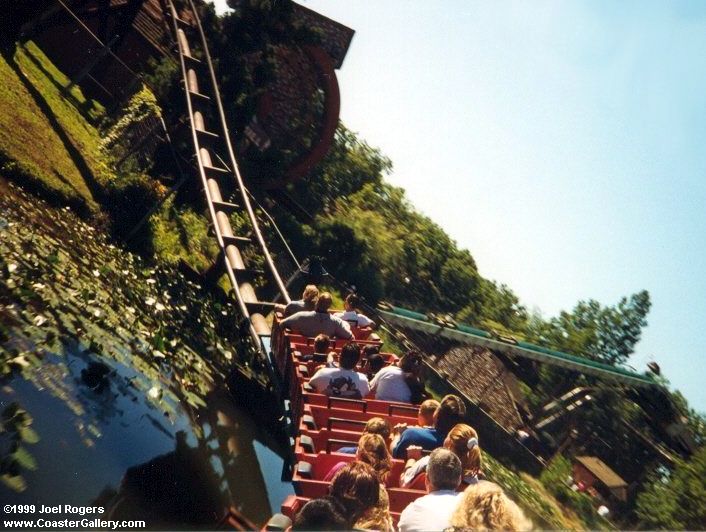 Point of view shot on the Runaway Mine Train roller coaster