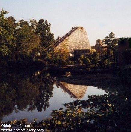 Rolling Thunder roller coaster reflecting in the water