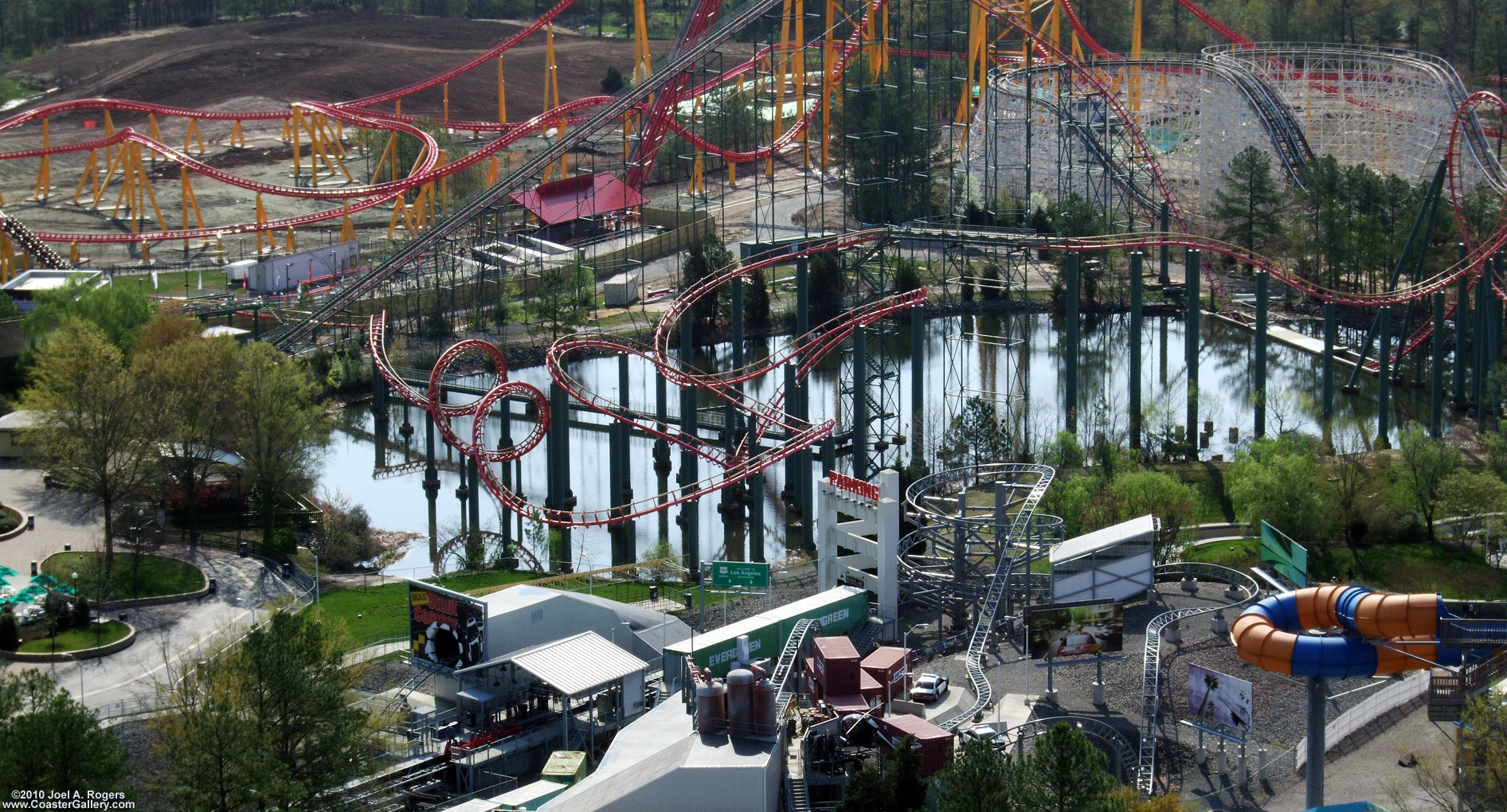 Aerial view of Lake Charles and two four roller coasters