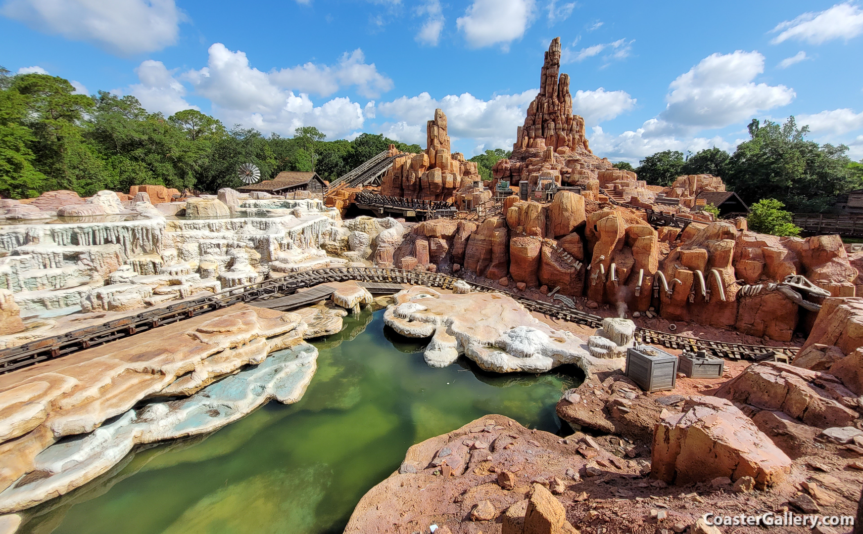 Big Thunder Mountain Railroad and a fossil dinosaur skeleton