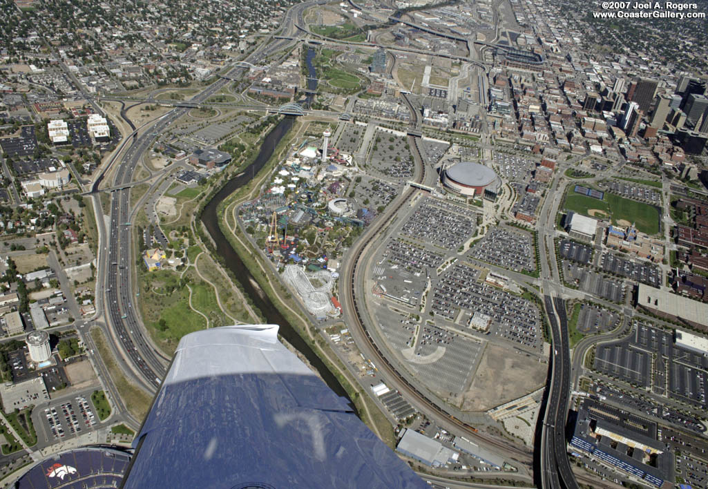 Overhead view of Invesco Field, Mile High, Coors Field, and dowtown Denver