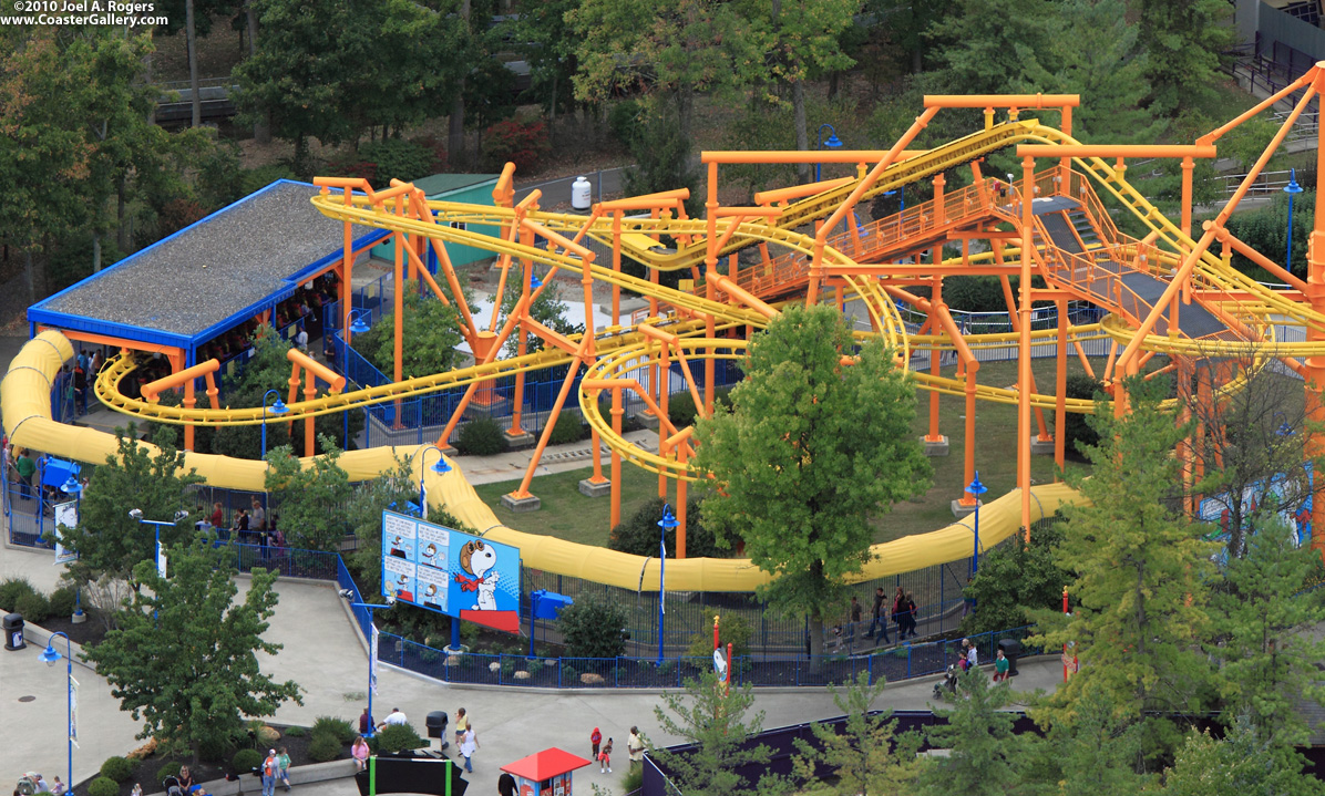 Aerial view of a Snoopy inverted family roller coaster