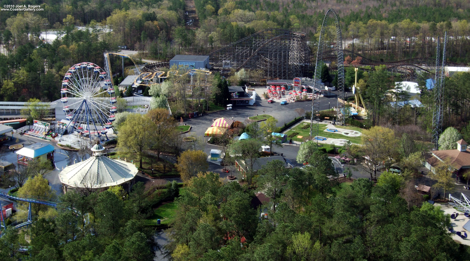 Aerial view of Kings Dominion's roller coasters