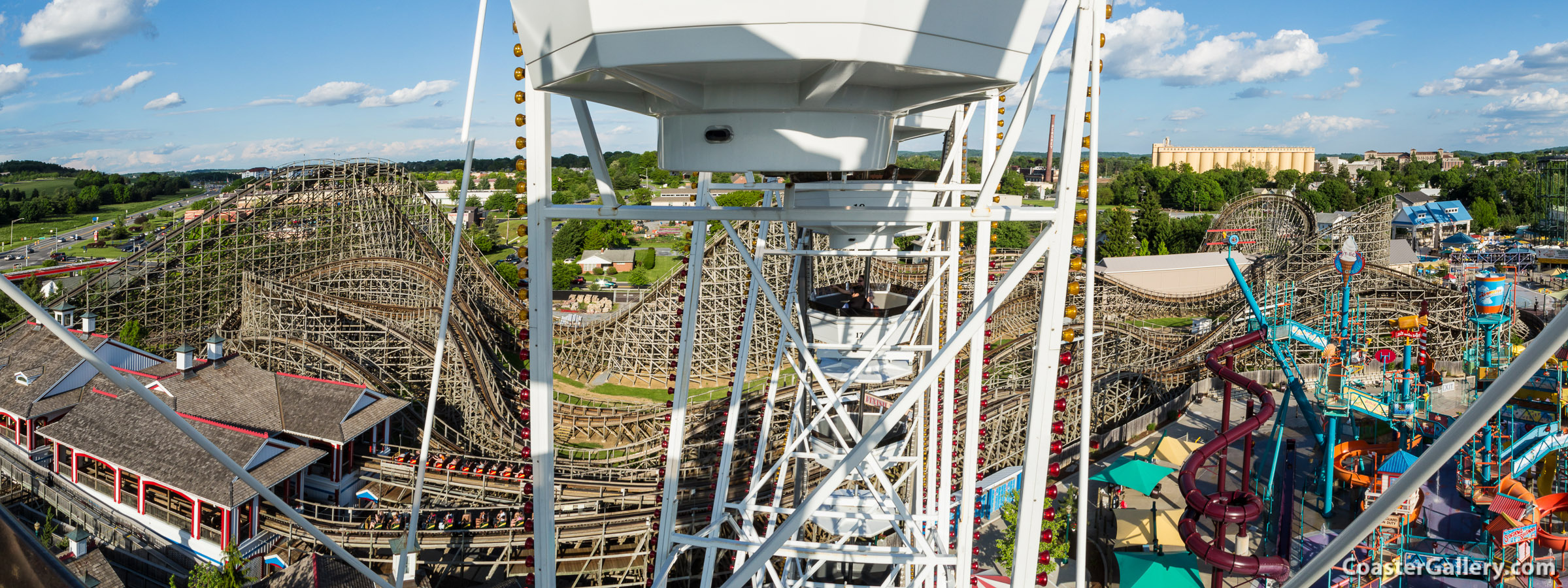 Panorama of the Lightning Racer roller coaster in Hershey, PA