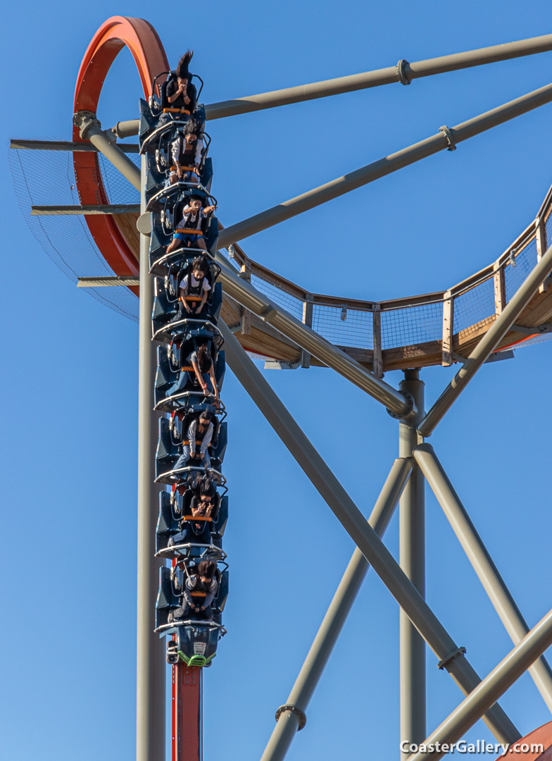 Vertical drop on the RailBlaser single-rail coaster at California's Great America