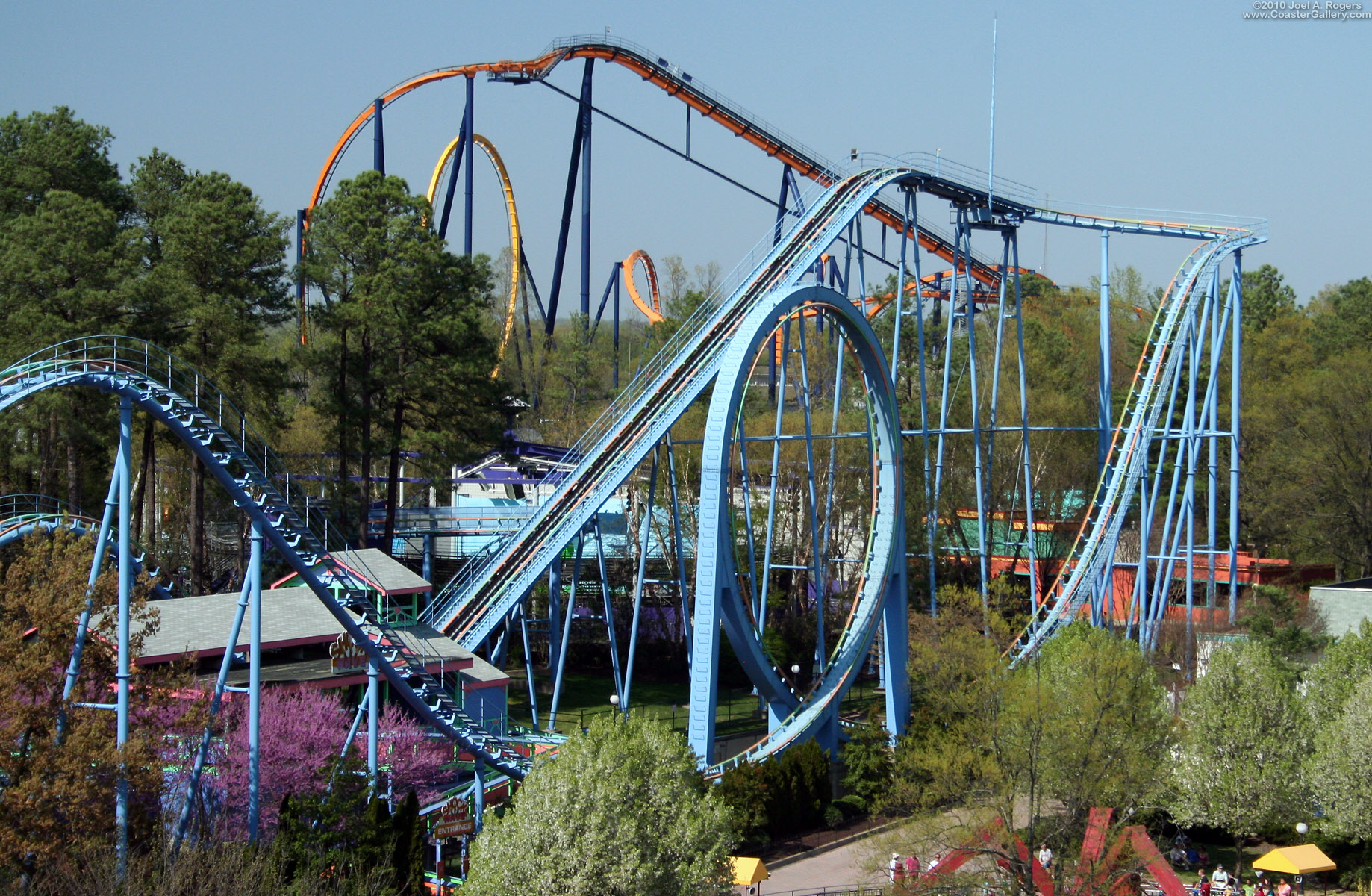 Looping roller coaster in an amusement park in the United States