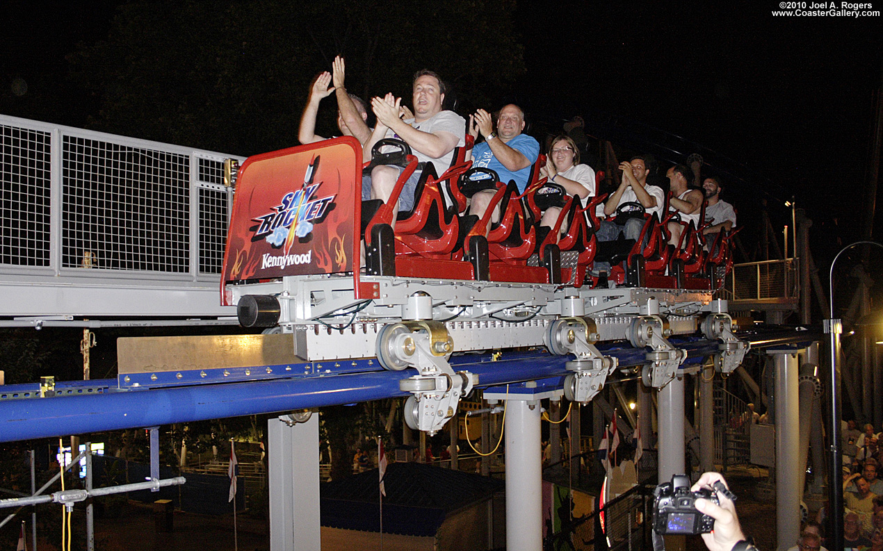 First trainload of passengers on the Sky Rocket roller coaster