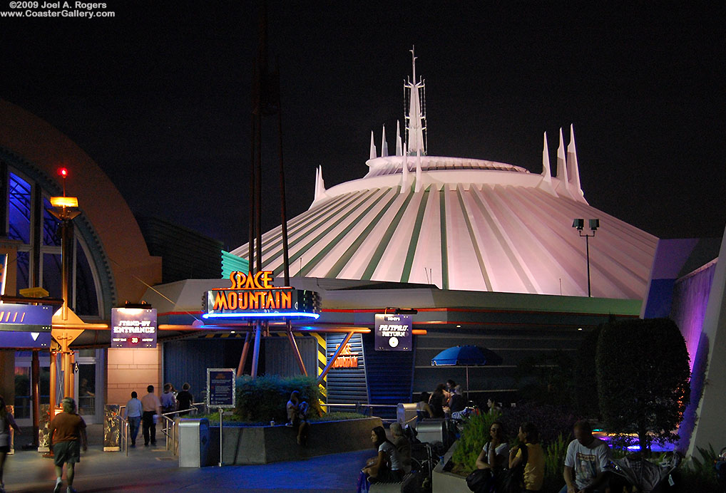 Space Mountain roller coaster at night. Pictures of Walt Disney World and the Magic Kingdom.