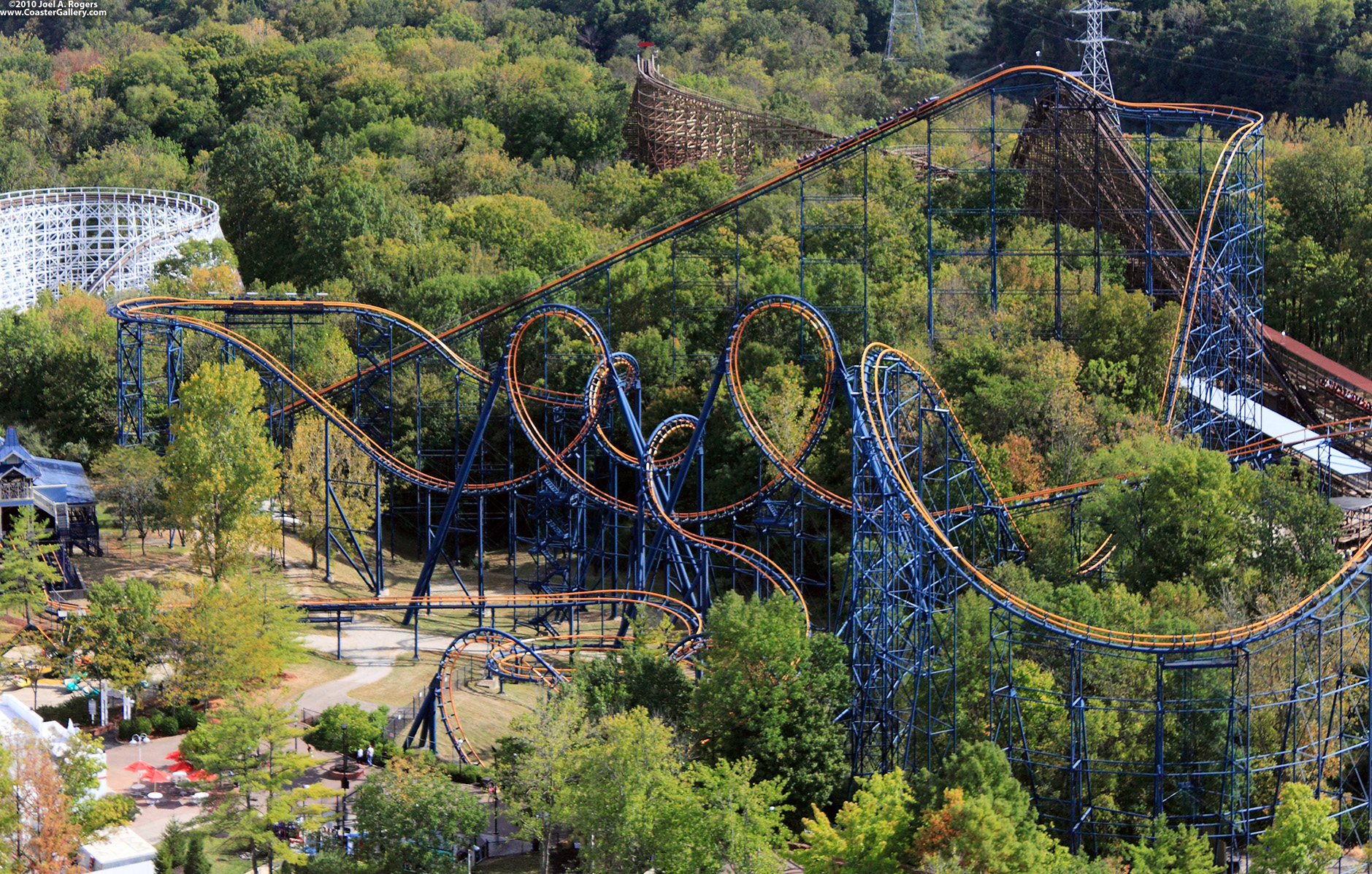 Aerial view of Beast and Vortex roller coasters