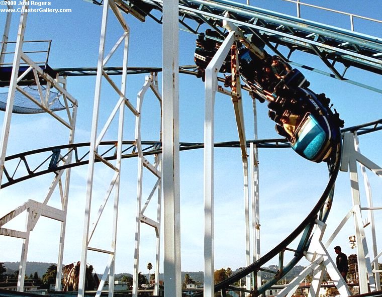 Steep turning drop on a steel coaster