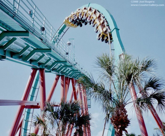 Kumba's lift hill and train going through a loop