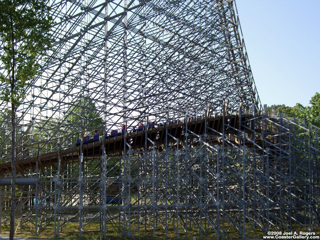 Steel supports of a wood roller coaster.