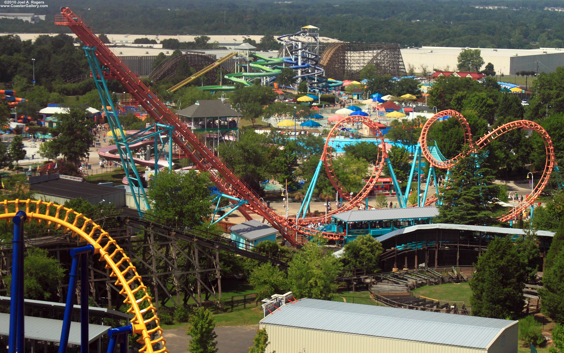 Looking down at Carowinds' roller coasters